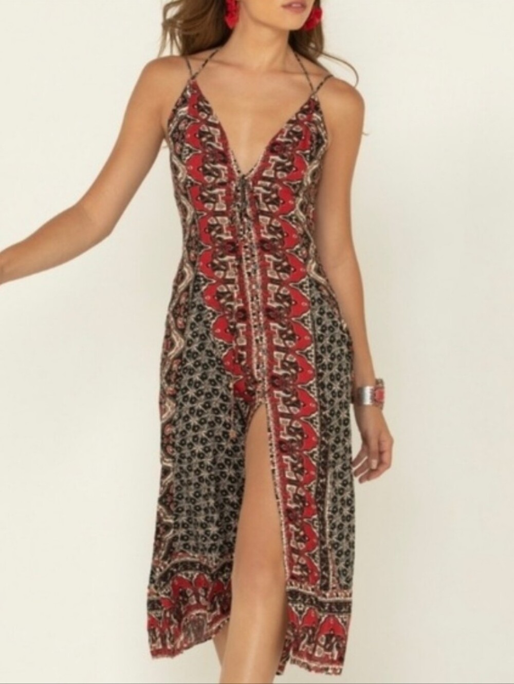 Free People Boho Spagetti Strap Red and Black Elephant Print High-Low Maxi Dress